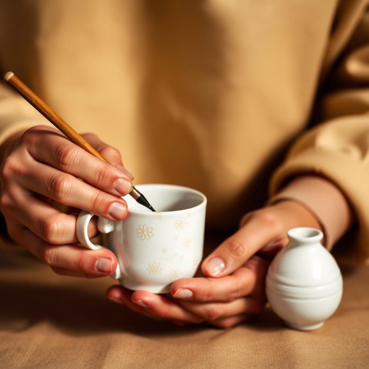 Dłonie zdobiące porcelanowy kubek