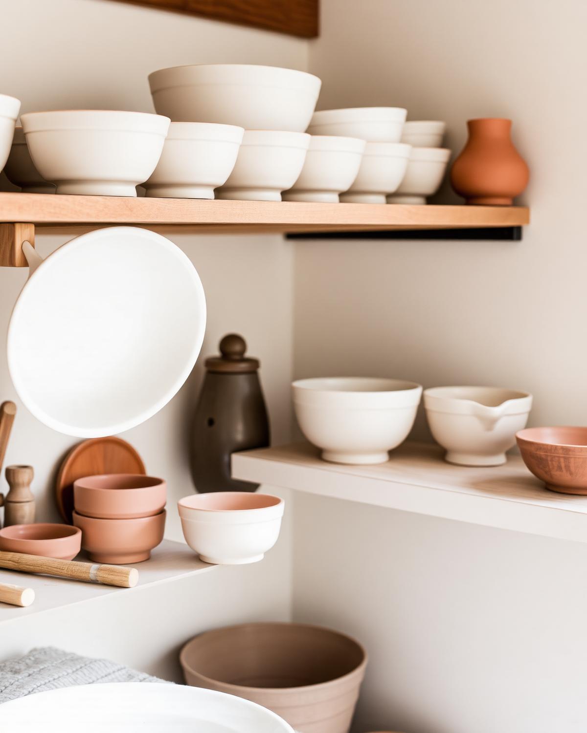 Wnętrze pracowni z ceramicznymi miskami na drewnianych półkach